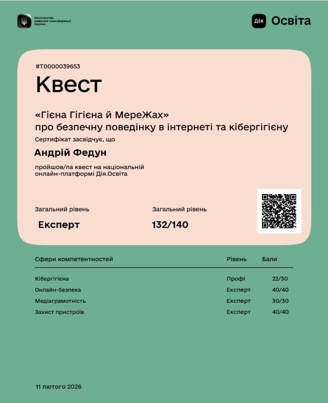 Результат проходження квесту одним із студентів групи СОІМ-35
